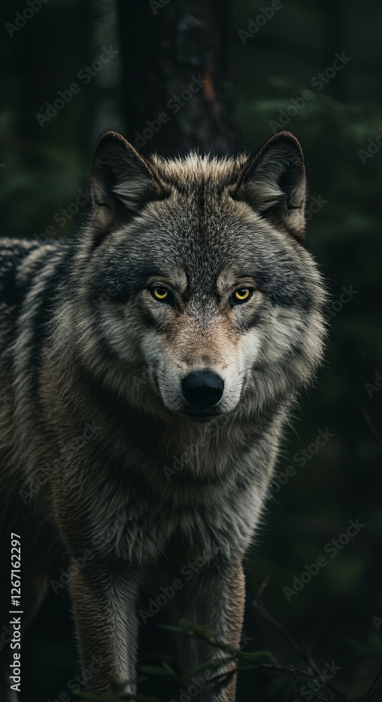 Majestic gray wolf in dense forest, captivating eyes, wild nature wildlife Majestic gray wolf in dense forest, captivating eyes, wild nature wildlife