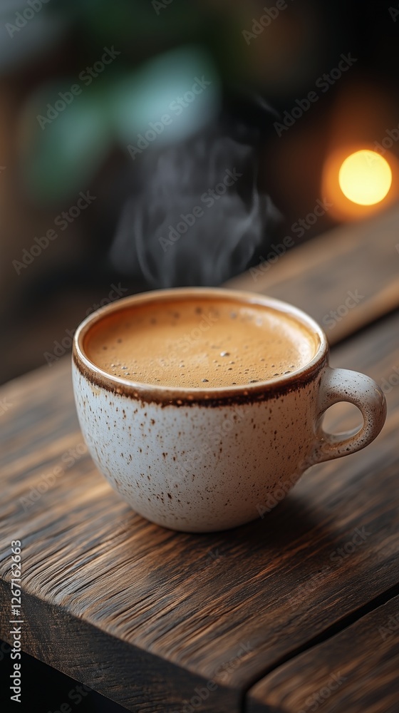 Warm cup of coffee placed on wooden table in cozy cafe setting during morning Warm cup of coffee placed on wooden table in cozy cafe setting during morning