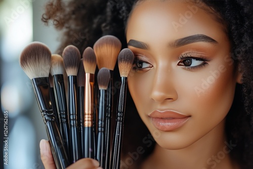 Close up of woman holding makeup brushes in natural light
