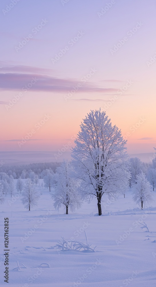 Tranquil winter sunrise with snow-covered trees in frosty landscape Tranquil winter sunrise with snow-covered trees in frosty landscape