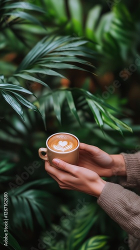Warm cup of coffee with beautiful latte art held against lush green foliage