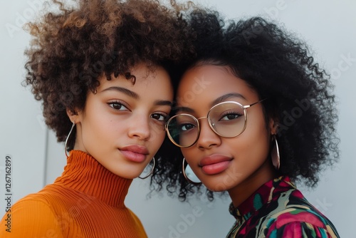 Two friends pose closely together showcasing their natural hair and stylish o...