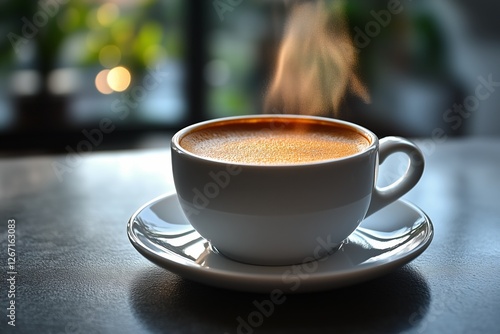 Warm cup of coffee on wooden table at a cozy cafe during morning hours