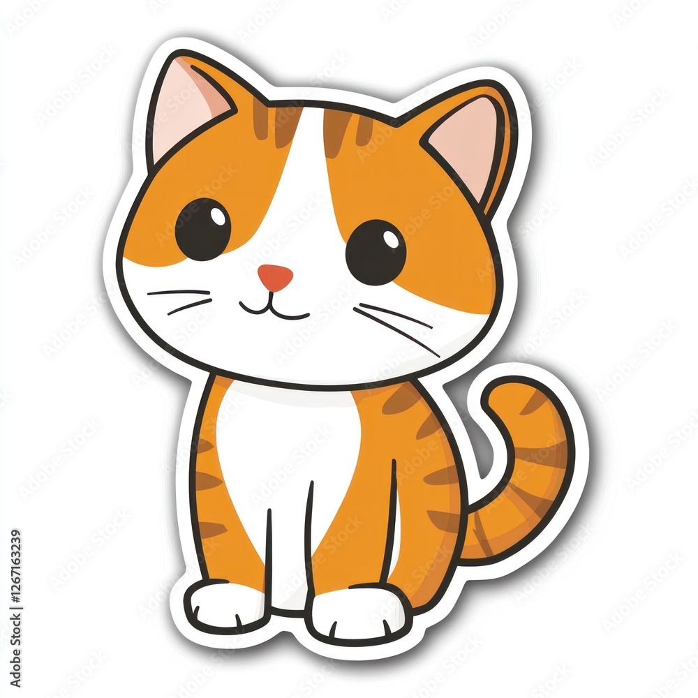 Cute orange tabby kitten sitting, white background, children's book illustration Cute orange tabby kitten sitting, white background, children's book illustration