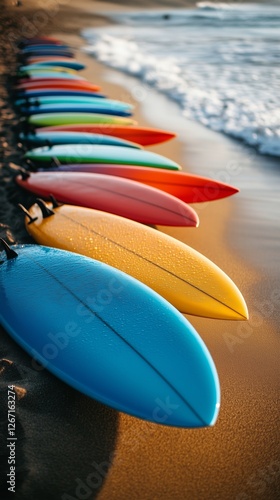 Colorful surfboards lined up on the beach during sunset near the ocean waves
