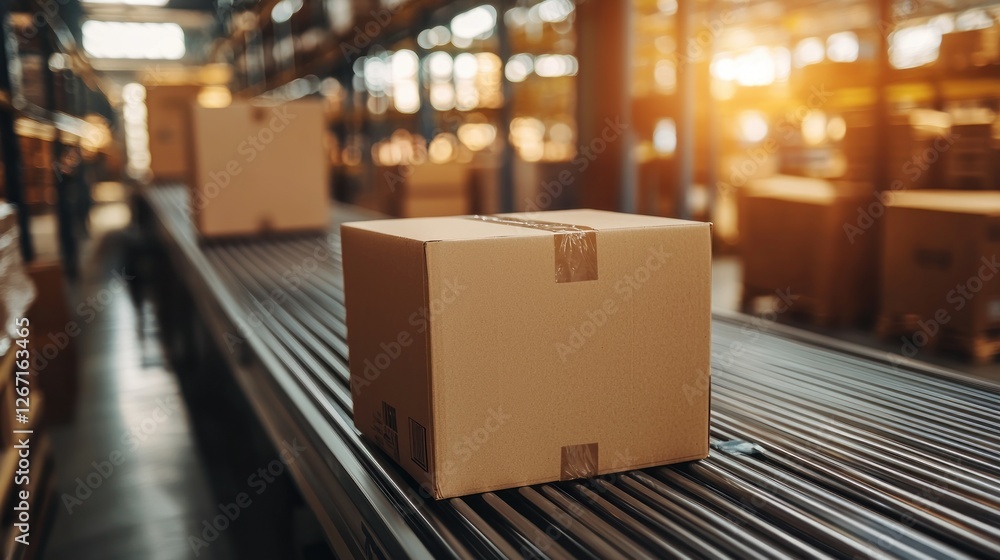 Cardboard box on conveyor belt in warehouse Cardboard box on conveyor belt in warehouse