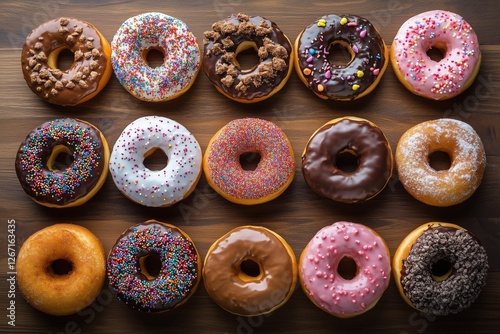 Delicious variety of colorful donuts arranged on a wooden table during daylight