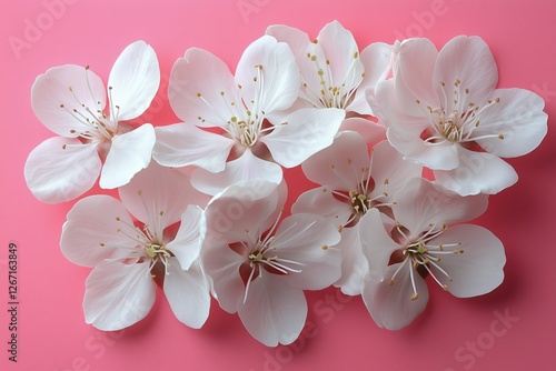 Delicate white flowers arranged artistically on a vibrant pink background