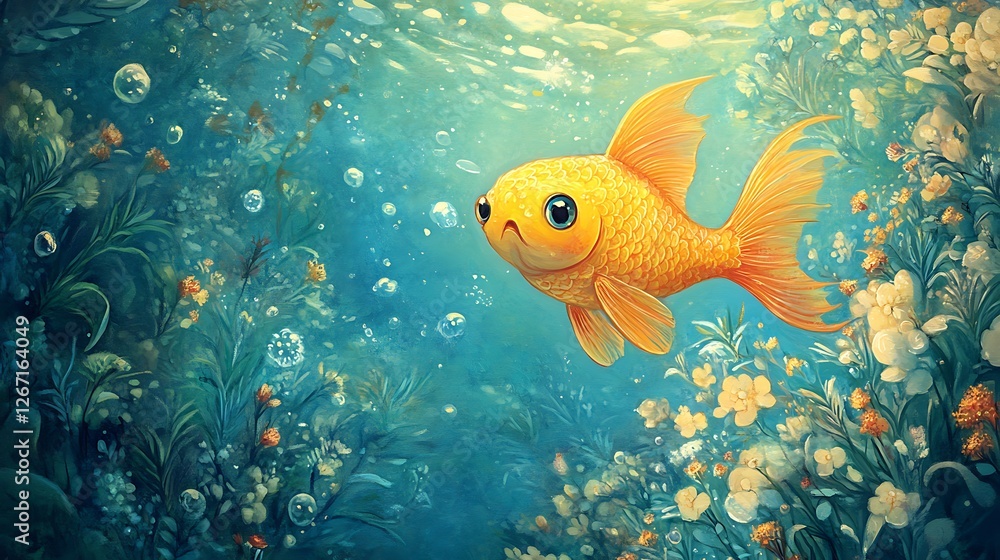 A Golden Fish Swimming Through an Underwater Garden A Golden Fish Swimming Through an Underwater Garden