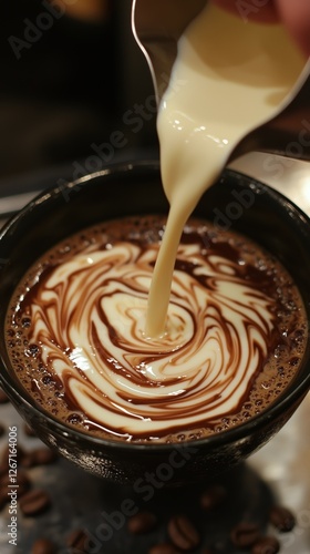 Cream is poured into coffee creating a beautiful swirl pattern in a cozy cafe...
