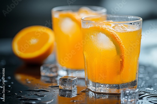 Refreshing orange drinks with ice in clear glasses on a dark background