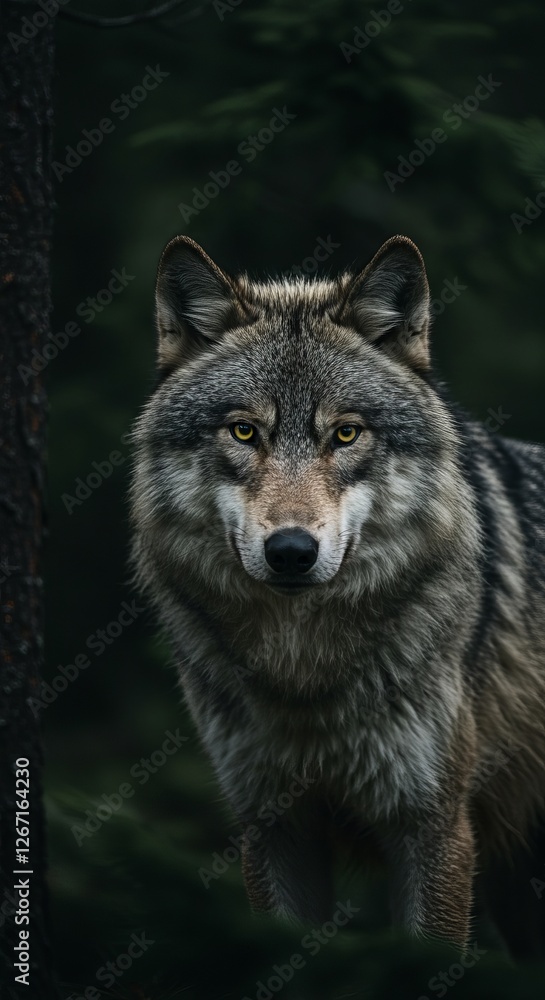 Fototapeta premium Majestic wolf in a mystical forest setting under soft light