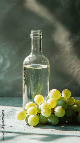 Grape cluster beside clear bottle with cork against a soft gray background