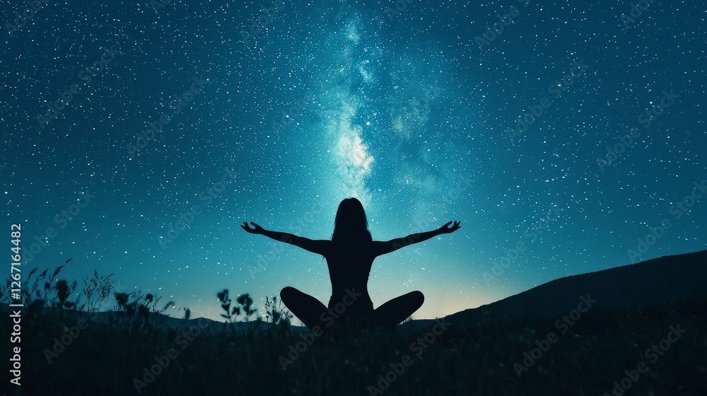 A meditative figure embracing nature under a dazzling starry sky, symbolizing harmony between humans and the universe, inviting peace and self-discovery. A meditative figure embracing nature under a dazzling starry sky, symbolizing harmony between humans and the universe, inviting peace and self-discovery.