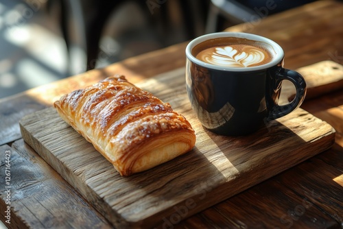 Enjoying coffee and pastry on a rustic wooden table in a cozy cafe setting