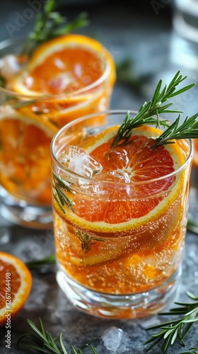 Fresh citrus drink with orange slices and rosemary on a marble counter