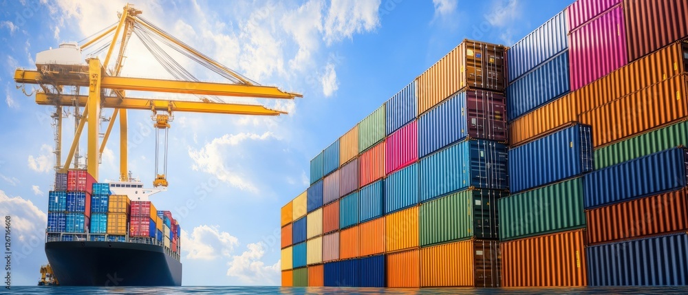 Fototapeta premium Cargo Freight Ship with Crane at Port for Loading and Transporting Goods