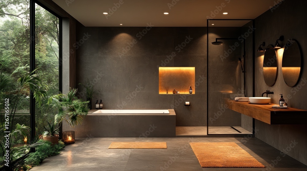 Serene Modern Bathroom Design: Luxurious Minimalist Oasis with Nature Views Serene Modern Bathroom Design: Luxurious Minimalist Oasis with Nature Views