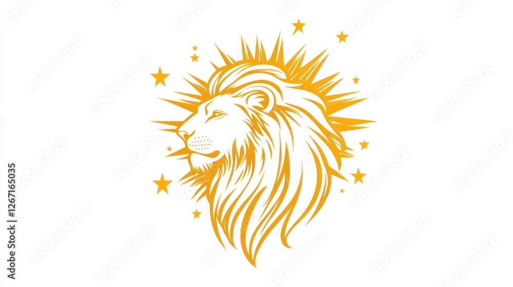 Obraz premium Golden lion head profile, celestial background, logo design, vector illustration, symbol