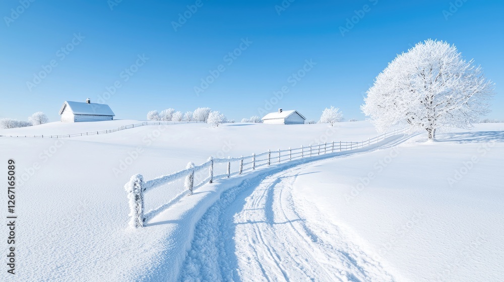 Winter landscape, snow-covered houses, winding path. Use Stock photo Winter landscape, snow-covered houses, winding path. Use Stock photo