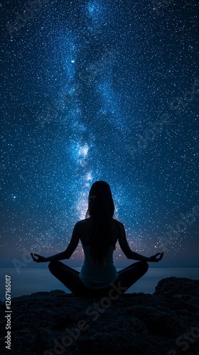 A peaceful figure meditating on rocky terrain, silhouetted against a breathtaking Milky Way, representing the harmony of inner peace and the beauty of the universe.