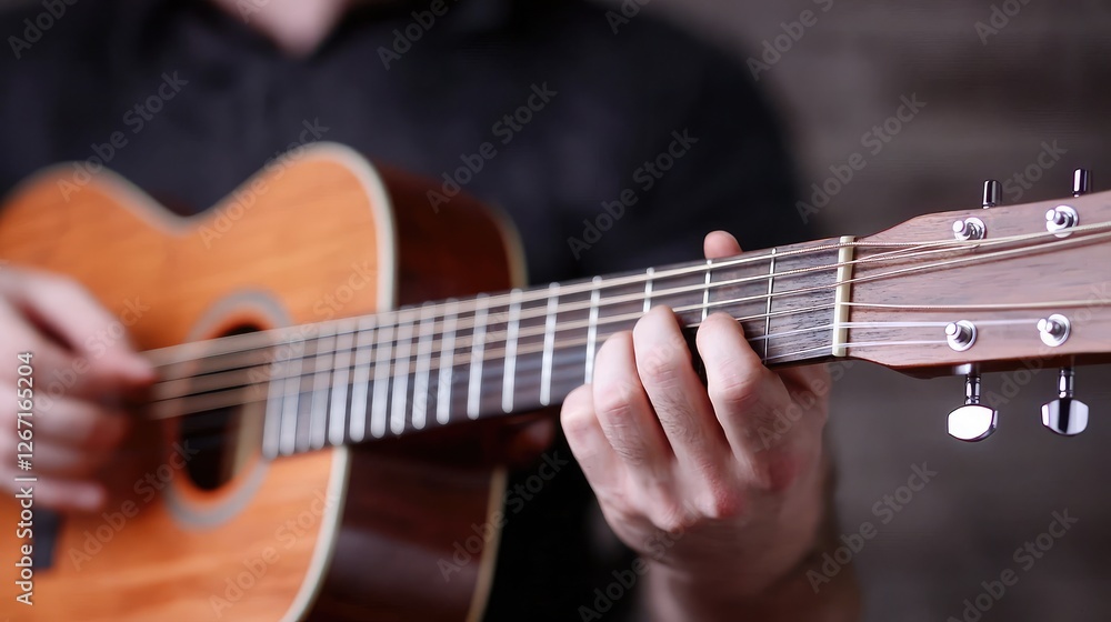 Man playing acoustic guitar, close-up, music, indoor studio Man playing acoustic guitar, close-up, music, indoor studio