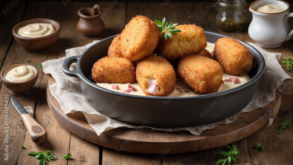 Spanish Croquettes with Creamy Béchamel and Ham in a Rustic Bowl Spanish Croquettes with Creamy Béchamel and Ham in a Rustic Bowl