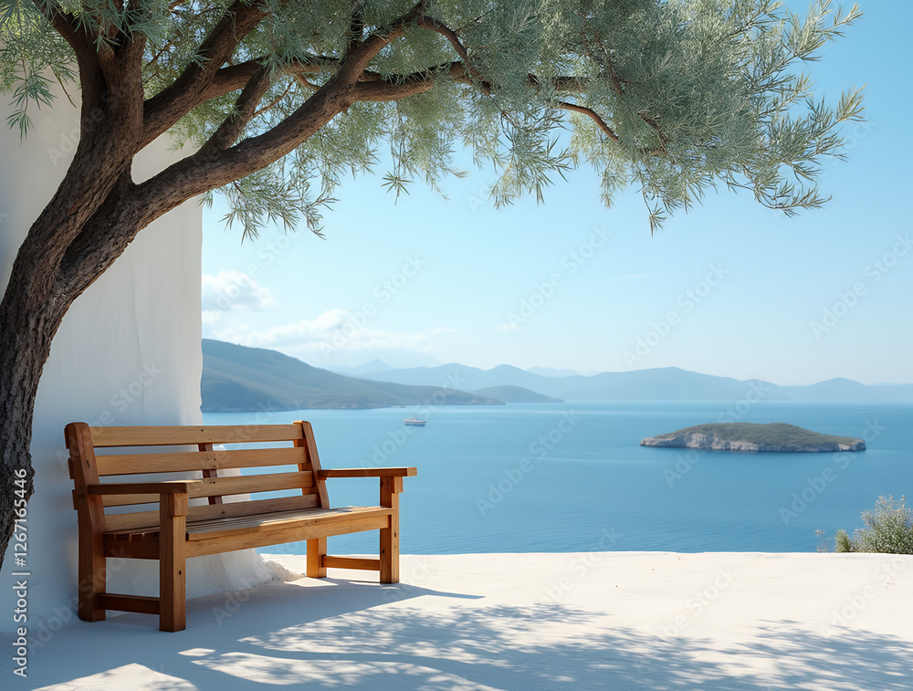 Wooden bench on summer white stone terrace and olive tree. Stunning sea view background, summer vacation concept Wooden bench on summer white stone terrace and olive tree. Stunning sea view background, summer vacation concept