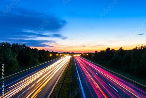 Scenic highway at dusk with light trails from moving vehicles