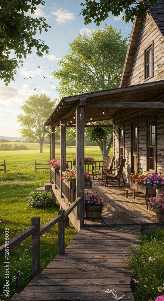 Charming rustic farmhouse with porch in lush countryside setting during sunny day Charming rustic farmhouse with porch in lush countryside setting during sunny day