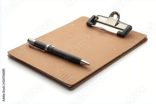 Writing tools on a clipboard at a work desk during the day