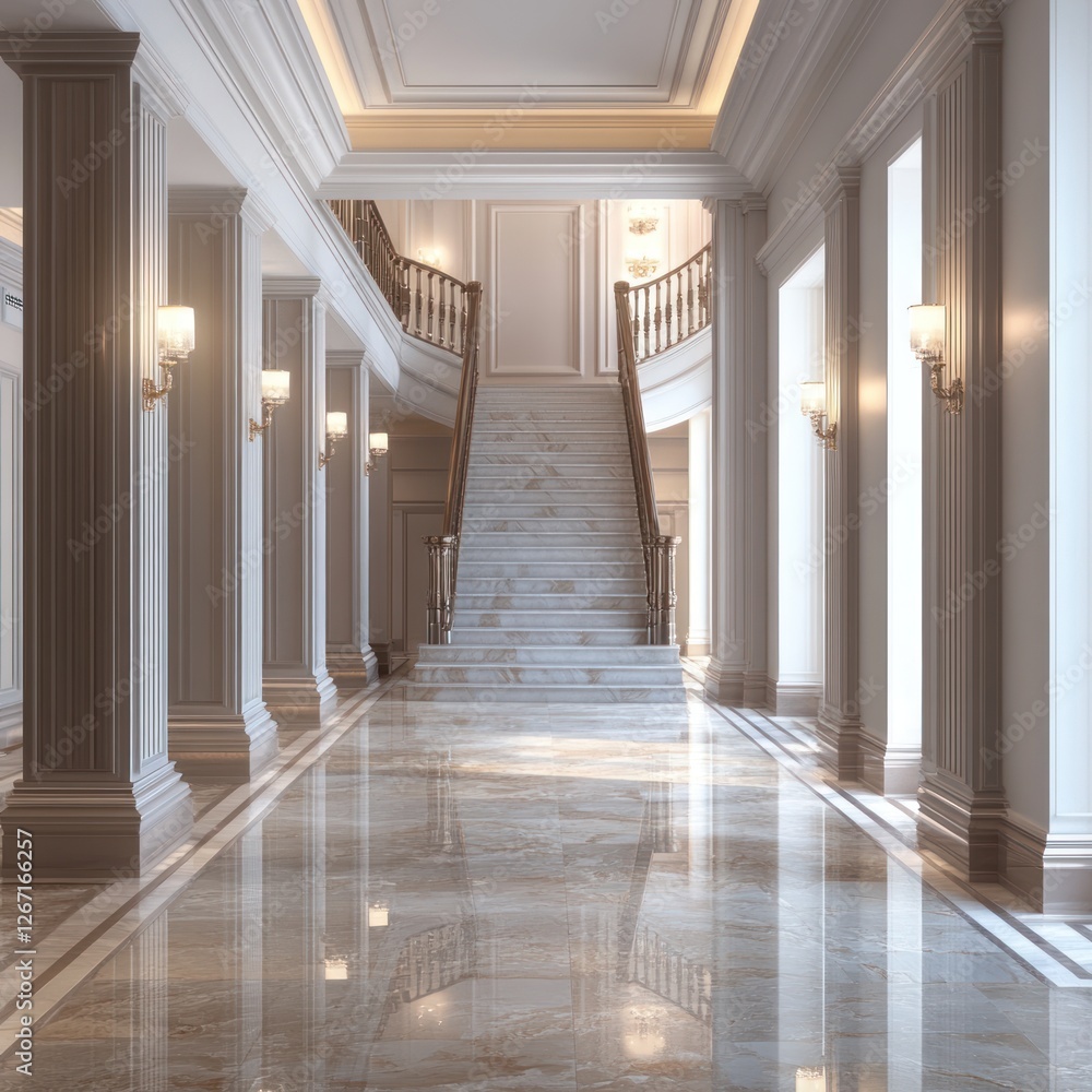 Grand Staircase in Luxurious Marble Hallway with Columns Grand Staircase in Luxurious Marble Hallway with Columns