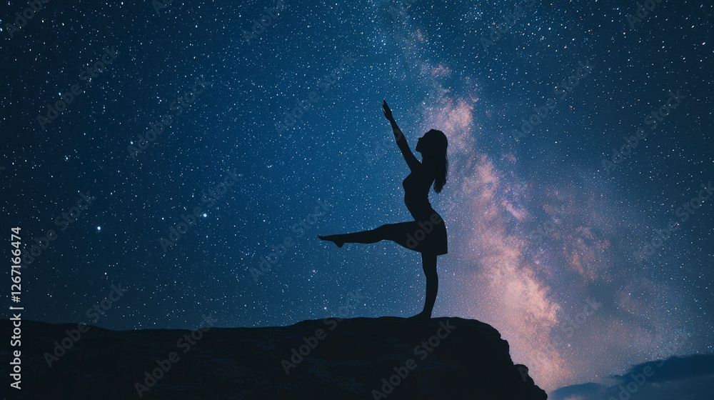 A graceful figure poses in ballet style against a breathtaking backdrop of a star-filled sky, representing freedom and the beauty of movement in the embrace of nature.