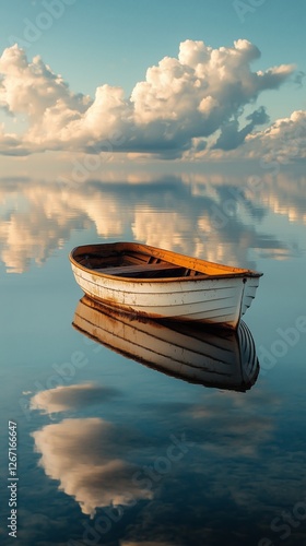 Tranquil small boat floating on calm waters with reflection of the sky and cl...