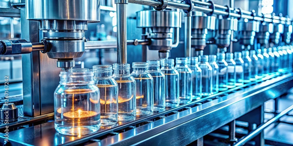 Automated Liquid Filling Machine Assembly Line Close-up Stock Photo Automated Liquid Filling Machine Assembly Line Close-up Stock Photo