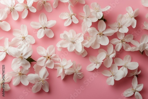 White blossoms scattered on a soft pink background creating a delicate and se...