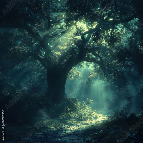 Enchanted Forest with Mystical Light Beams and Fantastical Creatures Emerging from Lush Vegetation