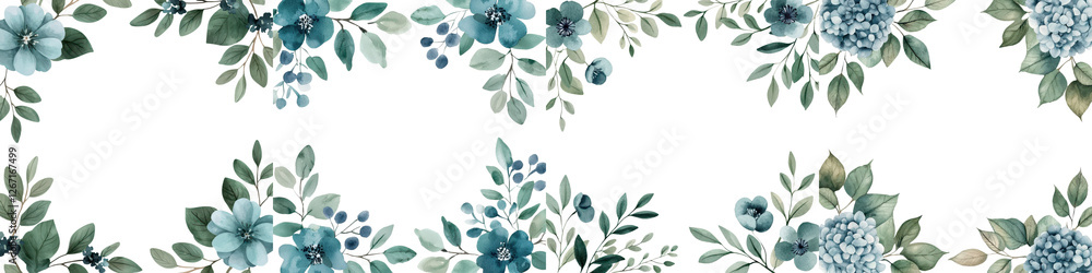 Elegant and lush floral arrangement featuring a mix of blue and green botanical elements including leaves petals and blossoms on a clean white background This image creates a serene natural Elegant and lush floral arrangement featuring a mix of blue and green botanical elements including leaves petals and blossoms on a clean white background This image creates a serene natural