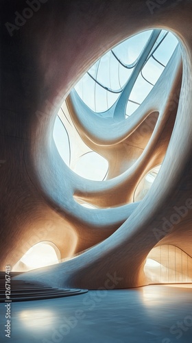 Unique architectural design featuring organic shapes and natural light in a m...