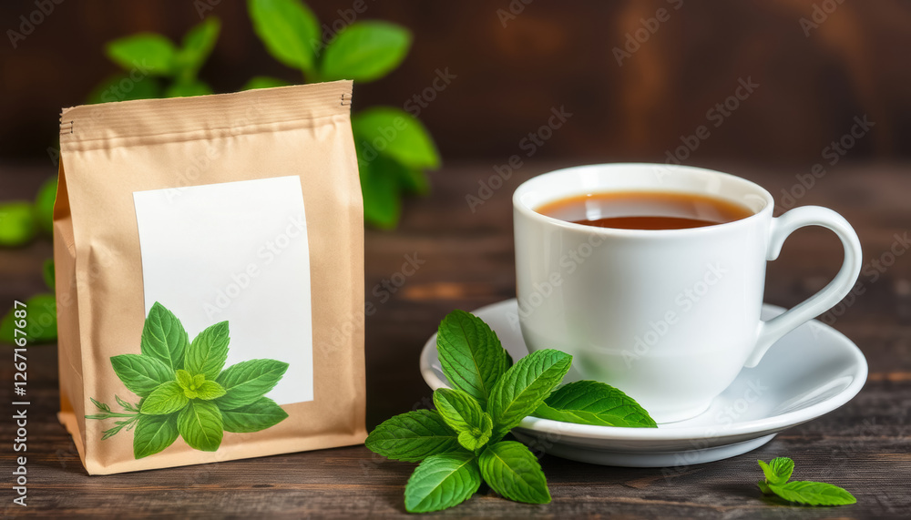 white cup of tea with fresh mint leaves and paper tea packaging on wooden background white cup of tea with fresh mint leaves and paper tea packaging on wooden background