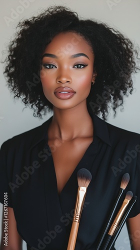 Woman holding makeup brushes indoors with soft natural light illuminating her...