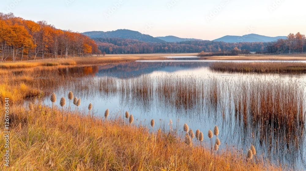 Calm autumn lake, mountain reflections, golden reeds, tranquil scene Calm autumn lake, mountain reflections, golden reeds, tranquil scene