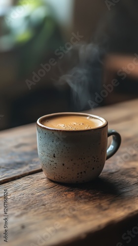 Warm cup of coffee placed on wooden table in cozy cafe setting during morning