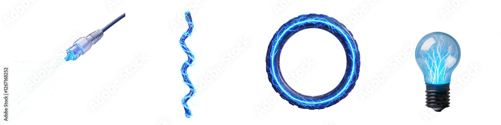 Close up view of different electric plugs cords and a glowing light bulb representing the concept of electricity technology and connectivity Close up view of different electric plugs cords and a glowing light bulb representing the concept of electricity technology and connectivity