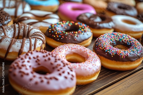 Variety of colorful donuts displayed on a wooden table during a sunny afternoon