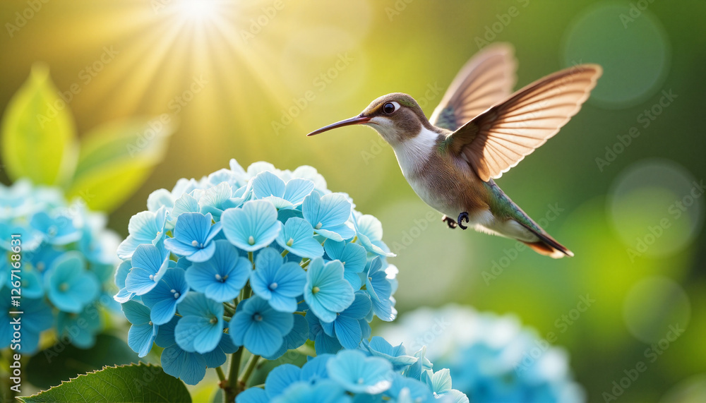 Fototapeta premium Hummingbird hovering over blue hydrangea flowers