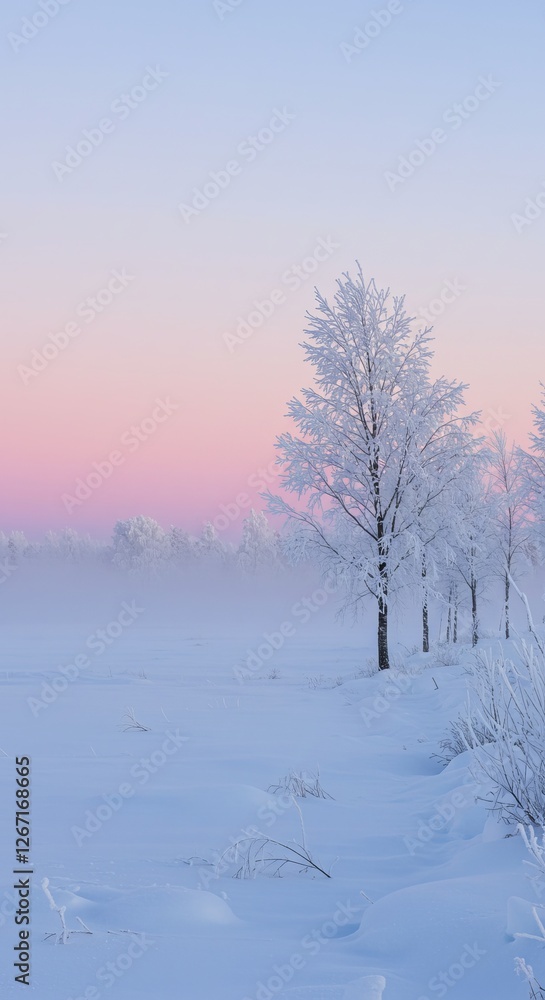 Serene winter landscape with frost-covered trees at sunrise Serene winter landscape with frost-covered trees at sunrise