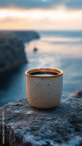 Warm cup of coffee resting on rocky shore with ocean and cliffs in background...