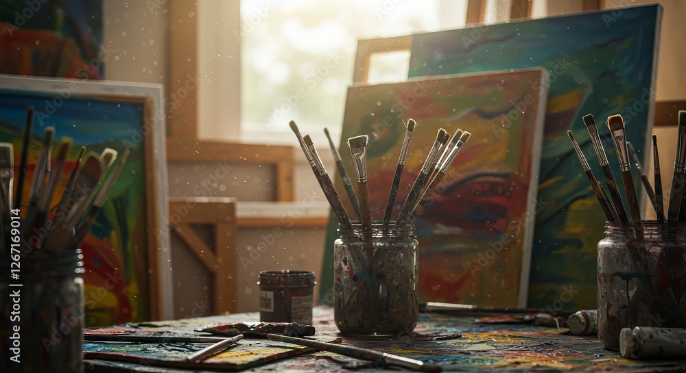 Sunlit artist studio with paintbrushes and colorful canvases Sunlit artist studio with paintbrushes and colorful canvases
