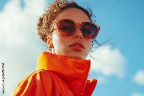 Young woman in orange jacket and sunglasses enjoying sunny day in urban area